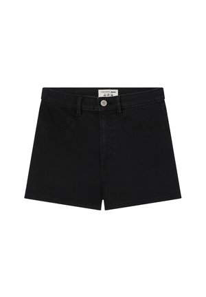 Czarne szorty dżinsowe o klasycznym kroju, z szlufkami na pasek, dwoma przednimi kieszeniami oraz markową metką na pasku. Gładka tekstura.