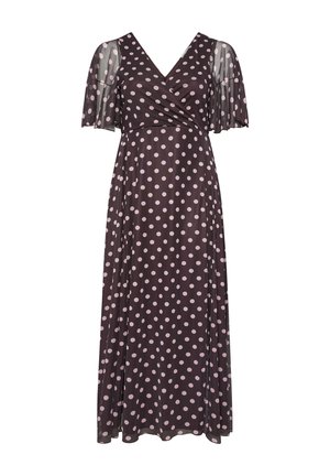 Robe maxi marron foncé à pois rose clair, col en V, corsage portefeuille et manches courtes volantes en voile transparent.