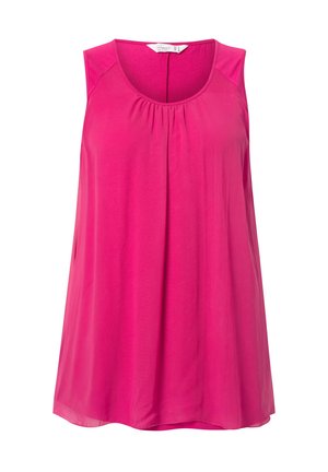 Hihaton toppi kirkkaanssa roosassa, kevytkangasta. Ominaisuuksiin kuuluu pyöreä kaula-aukko ja hieman ryppyjä edessä muodon vuoksi.