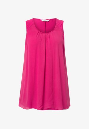 Hihaton toppi kirkkaanssa roosassa, kevytkangasta. Ominaisuuksiin kuuluu pyöreä kaula-aukko ja hieman ryppyjä edessä muodon vuoksi.