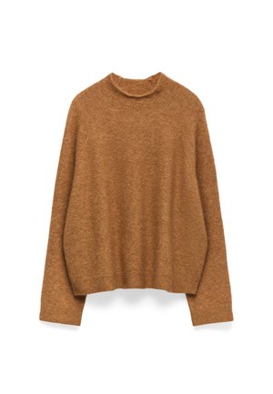 Maglione marrone, intrecciato, con collo rotondo, maniche lunghe e un taglio rilassato. Realizzato in un materiale morbido, presenta polsini e orlo a costine.