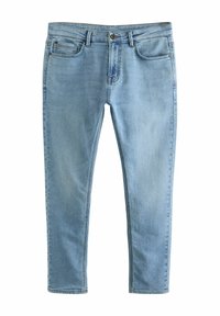 Világoskék farmernadrág, slim fit szabásban, öt zsebbel, enyhe kopással. Puha pamut anyagból készült, sima tapintással.