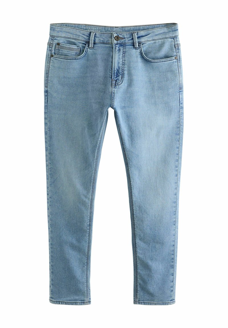 Világoskék farmernadrág, slim fit szabásban, öt zsebbel, enyhe kopással. Puha pamut anyagból készült, sima tapintással.