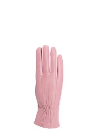 Guanto in pelle rosa chiaro con tre linee di cucitura decorative sul retro, dettaglio del polso arricciato e finitura liscia.
