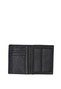 Sorte læderpung med flere kreditkortslots, en central compartment, og en glat tekstureret overflade. Foldet design, kompakt og funktionel.