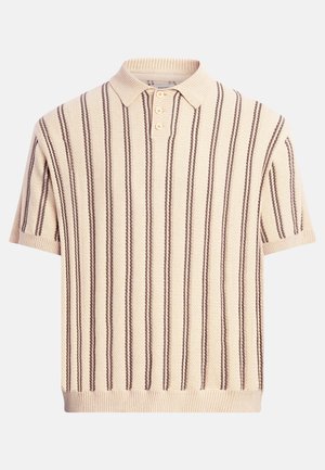 Polo a maniche corte in maglia beige con righe verticali marroni e tre bottoni sulla patta, colletto, polsini e orlo a coste.