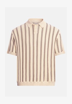 Polo a maniche corte in maglia beige con righe verticali marroni e tre bottoni sulla patta, colletto, polsini e orlo a coste.