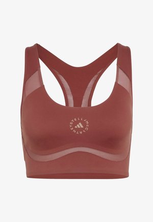 Rødbrun sports-bh med racerback-design, mesh-paneler og cirkulært Stella McCartney Adidas-logo på frontens midte.