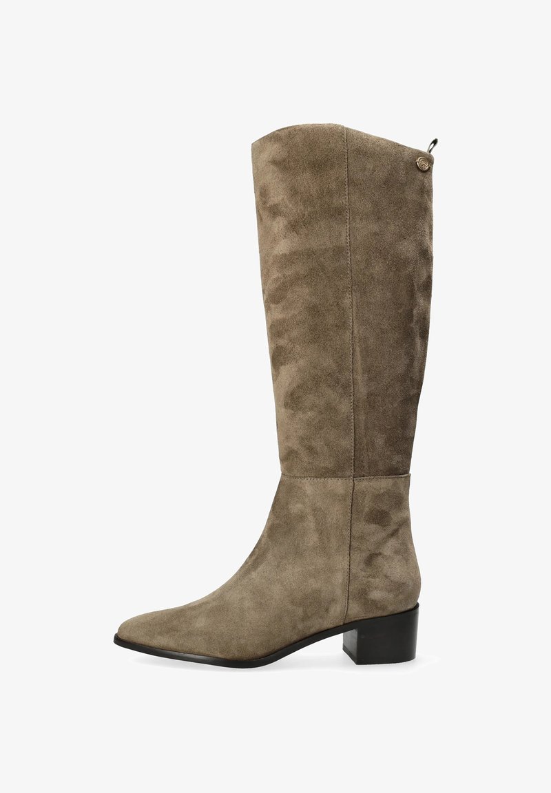 Olijfgroene suede laars tot de knie met een spitse neus en blokhak. Heeft een zichtbare naad aan de achterkant en een kleine lus aan de bovenkant.