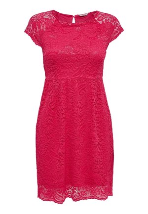 Rød blonderkjole med korte ærmer, med rund hals og nøglehulåbning på ryggen. Indviklet blomsterdesign over det hele.