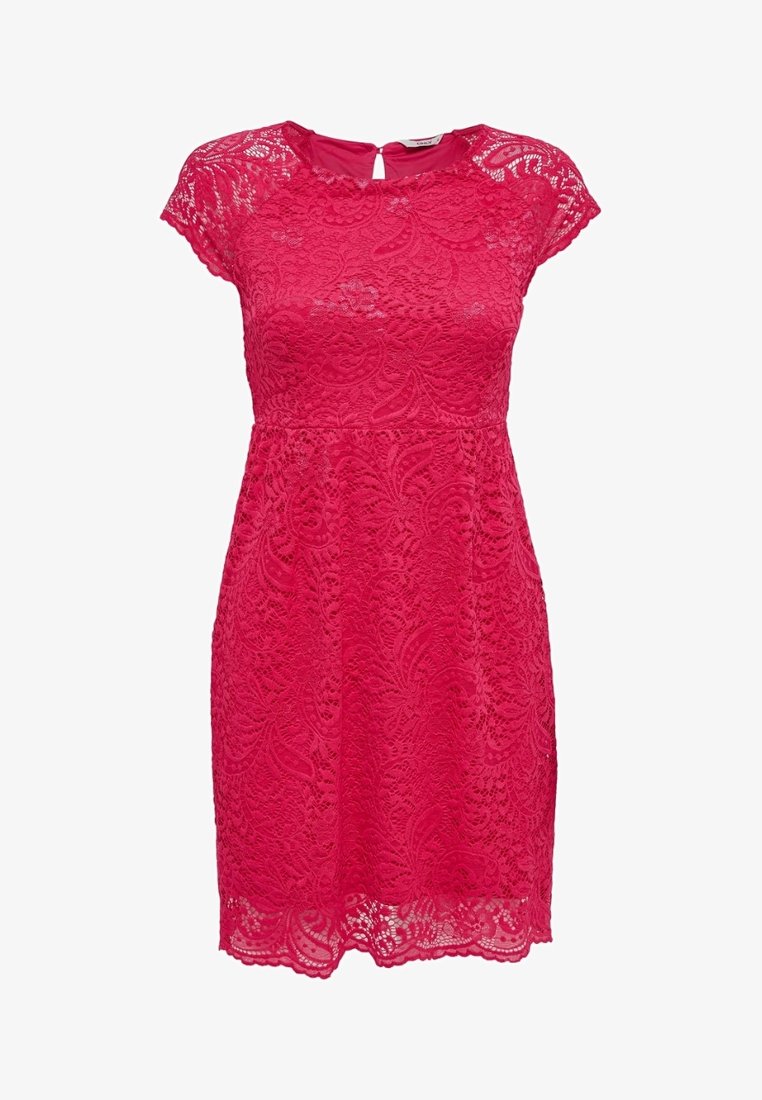 Robe en dentelle rouge à manches courtes, avec un col rond et une ouverture en forme de goutte au dos. Motif floral délicat sur l'ensemble.