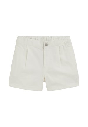 Pantaloni scurți albi pentru copilul mic, cu talie elastică, un nasture frontal, pliuri și un logo subtil pe piciorul stâng.