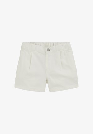 Baltas mazuļa šortos ar elastīgu vidukļa joslu, vienu priekšējo pogu, bārkstīm un nenozīmīgu logo uz kreisās kājas.