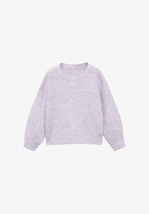 Maglione a girocollo lilac lavorato a maglia con maniche lunghe e polsini e orlo a coste, posato su uno sfondo bianco.