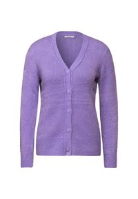 Lavendelkofta i texturerat stickat material, med V-ringning, knappstängning och långa ärmar med ribbade muddar och nederkant.