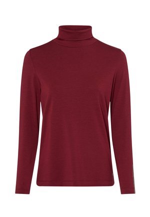 Bordeauxrotes Langarm-Turtleneck-Oberteil aus weichem Stoff. Verfügt über einen eng anliegenden Kragen und einen geraden Saum mit minimalen Details an den Ärmeln.