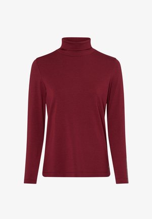 Maroon long-sleeve turtleneck top made of soft fabric. Features a fitted collar and a straight hem with minimal detailing on the sleeves.