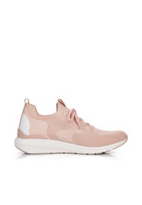 Light pink athletic shoe featuring a mesh upper, lace closure, white accents, and a textured sole for grip and support.