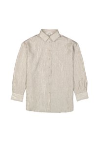 Lichtbeige lange mouw shirt met een textuurstof, een puntige kraag en een knoopsluiting aan de voorkant. Beschikt over brede mouwen en knoopsluitingen bij de manchetten.