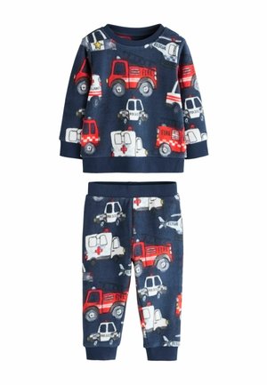 Navy fleece pajama set featuring a firefighting and rescue vehicle print. Long-sleeve top with ribbed cuffs and matching elastic waist pants.