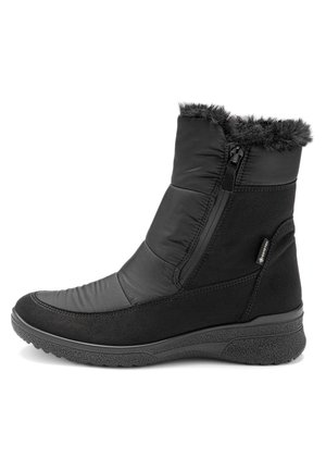 Black mid-calf winter boot with zipper, textured sole, Gore-Tex tag, and fluffy fur lining at the top, designed for cold weather.