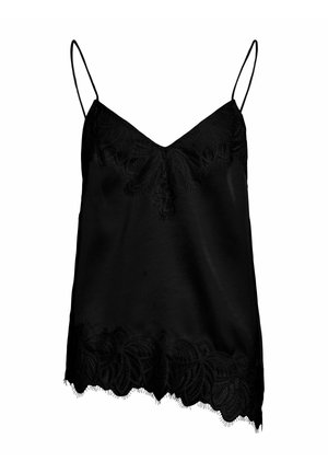 Schwarzes Satin-Camisole mit verstellbaren Spaghettiträgern, das einen kunstvollen schwarzen Spitzenbesatz am Saum und eine glatte, leichte Textur aufweist.