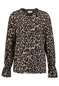 Leopardenmuster-Bluse in Beige und Schwarz. Verfügt über eine durchgehende Knopfleiste, lange Ärmel und leicht ausgestellt Manschetten. Glatte Stofftextur.