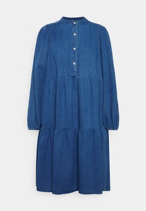DRESS FEMININE TIERED DRESS FULL SLEEVE VOLUME SHORT LENGTH - Farkkumekko - denim mid blue