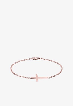 Rožių aukso apyrankė su smulkia grandinėle ir paprastu kryžiaus pakabuku. Lygi tekstūra, užsegama omaro sagtimi.