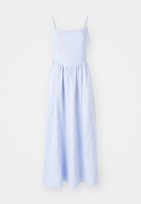 Vaaleansininen raidallinen maksimekko, jossa on spagettiolkaimet, hyvin istuva bodice ja kerrostettu hame, valmistettu pehmeästä, hengittävästä kankaasta.