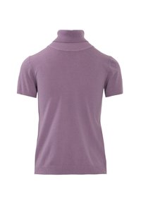 Maglione a manica corta con collo alto in lavanda, realizzato in tessuto a maglia morbida. Presenta un colletto e un orlo a coste, con un design aderente.