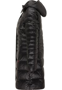 Zwarte gewatteerde jas met een capuchon, voorzien van gestikte delen, twee ritszakken aan de zijkant en een gladde, glanzende stofstructuur.