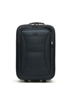 Black wheeled suitcase with a textured, padded surface and a zip closure. Features a sturdy handle and a smooth bottom for easy transport.