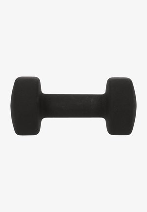 Zwarte rubberen dumbbell met een symmetrische hexagonale vorm, voorzien van ronde uiteinden en een geprofileerde oppervlakte voor grip.