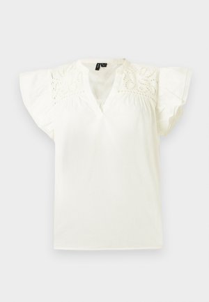 Bela bluza s kratkimi rokavi, V-izrezom, nagubani rokavi in izrezanim cvetličnim vezenjem na zgornjem delu prsi in ramenih.