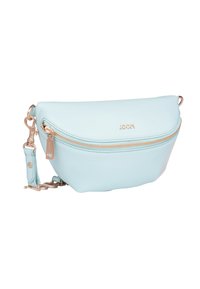 Borsa a tracolla in pelle azzurro chiaro con silhouette curva, dettagli in metallo dorato e tracolla rimovibile. Presenta il logo sul davanti.