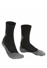 Calzini sportivi neri con texture a coste, dotati di una suola grigia imbottita e dettagli rossi. Progettati con una vestibilità di supporto e strisce di ventilazione.