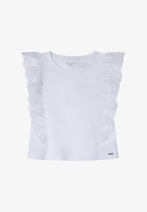 Weißes T-Shirt mit kurzen Ärmeln, das über Rüschenspitze an beiden Schultern verfügt, aus weichem Baumwollstoff mit rundem Ausschnitt.