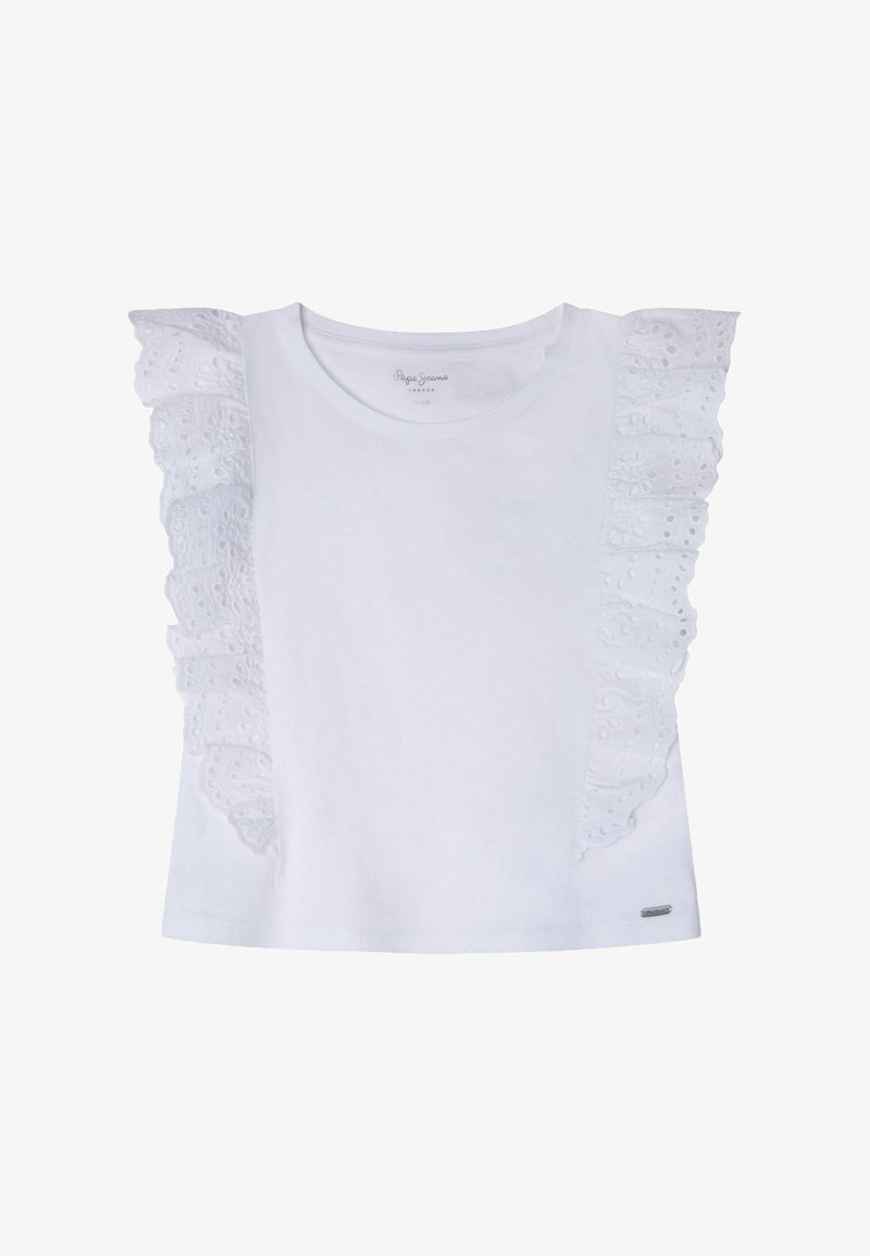 T-shirt blanc à manches courtes avec des accents en dentelle froncés sur les deux épaules, fabriqué en tissu en coton doux avec un col rond.