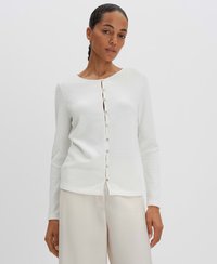 Weißer strukturierter Cardigan mit langen Ärmeln, Rundhalsausschnitt und vorderem Knopfverschluss. Verfügt über einen subtilen Glanz und glattes Material mit abgerundetem Saum.