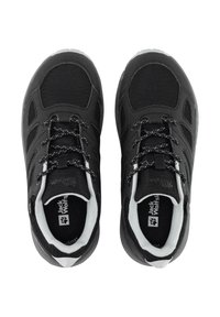 Black hiking shoes with a breathable mesh upper, textured overlays, reflective laces, and a white accent around the ankle and sole.