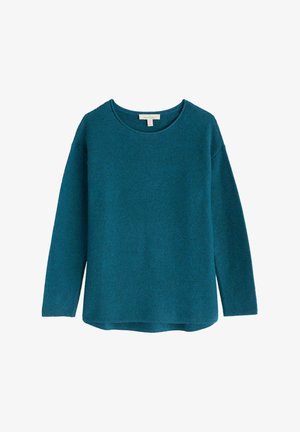 Pull en teal à manches longues avec un col rond, en tissu texturé. L'ourlet est légèrement courbé et la coupe est décontractée pour plus de confort.