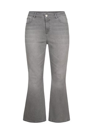 Grijze flair jeans met een gladde textuur, vijf zakken indeling en een sluiting met een voorste knoop. Subtiele vervaging voegt diepte toe aan de stof.