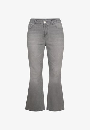 Grijze flair jeans met een gladde textuur, vijf zakken indeling en een sluiting met een voorste knoop. Subtiele vervaging voegt diepte toe aan de stof.