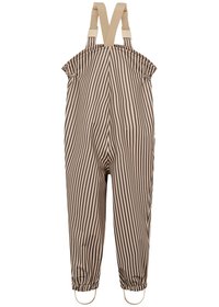 Salopettes imperméables rayées marron et crème avec des bretelles ajustables, des poignets élastiques et des boucles en métal au niveau de la cheville.