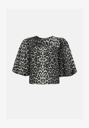 Czarny i biały top z krótkim rękawem w leopardzi wzór, o prostokątnym kroju, z marszczonymi detalami ramion oraz gładką fakturą tkaniny.