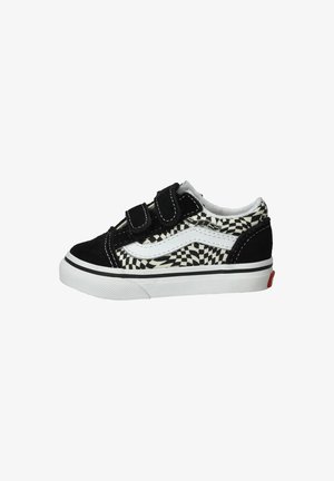 Baskets pour tout-petit noir et blanc avec motif damier, détail bande blanche et deux bandes velcro noires sur semelle blanche.