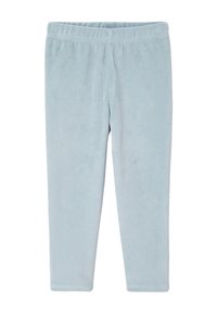 Light blue fleece leggings with an elastic waistband. Soft texture, slim fit, and ankle-length design. No pockets or visible seams.