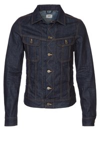 Mörkblå jeansjacka med knäppning framtill, två bröstfickor och kontrasterande sömmar. Har klassisk krage och kroppsnära passform.