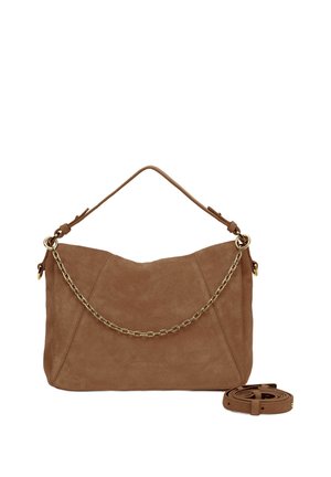 Brown suede handbag with a gold chain accent, soft texture, and a removable strap. Features a curved top and flat base.